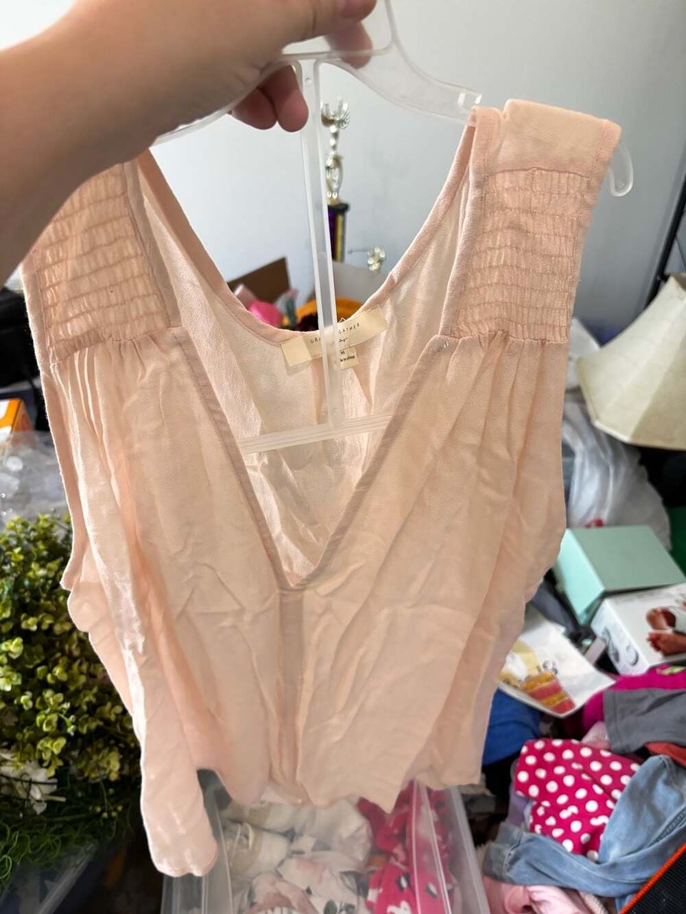 Grade & Gather Light Pink V-Neck Shirred Shoulder Blouse Medium